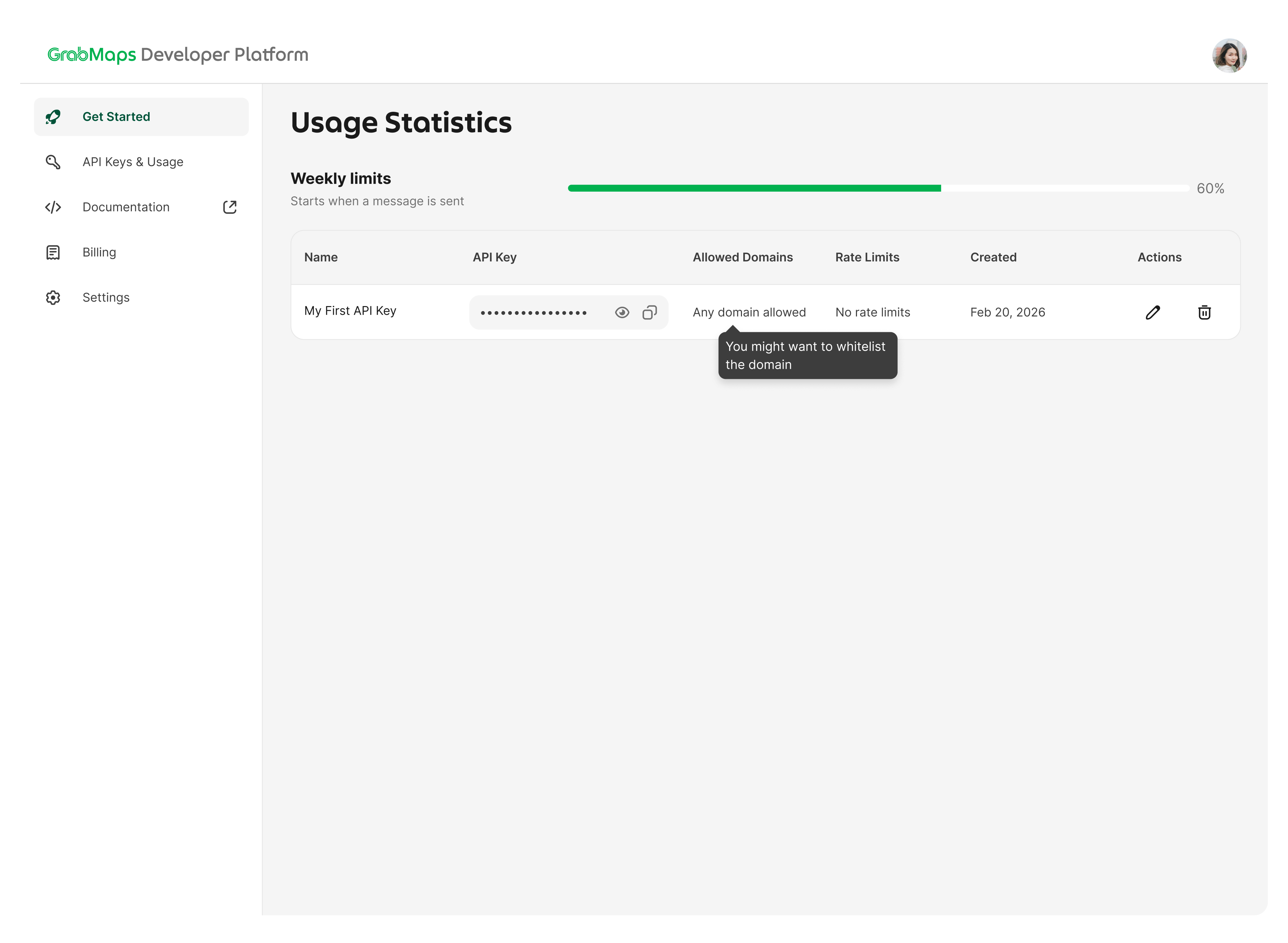 GrabMaps developer dashboard showing API key and usage statistics