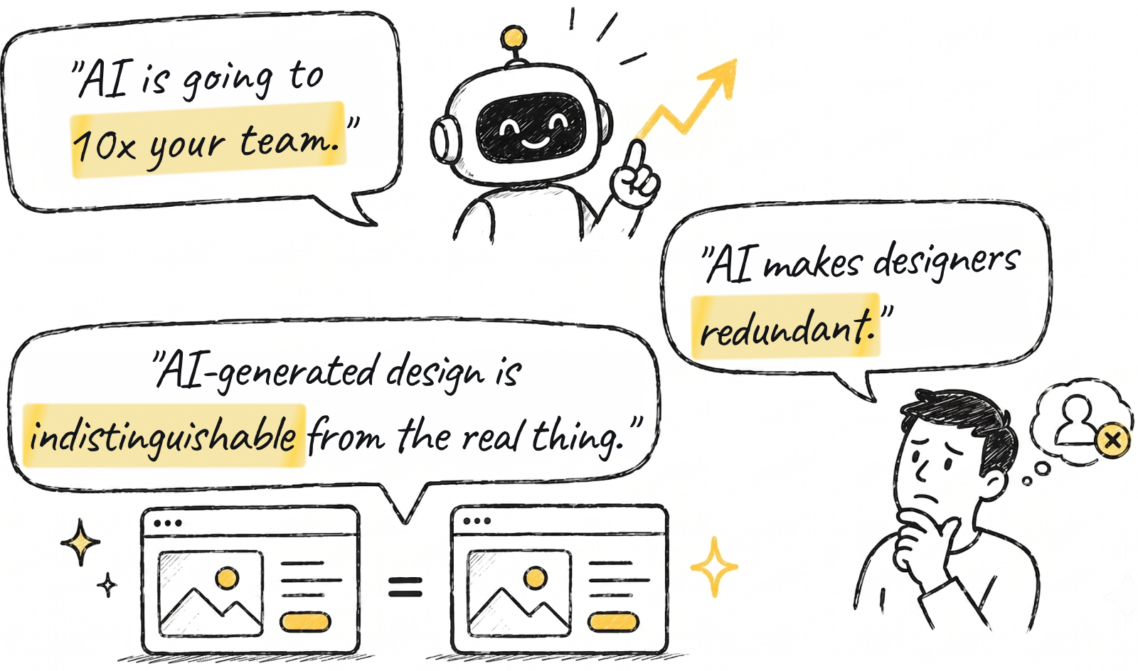 Speech bubbles: “AI is going to 10x your team.” “AI makes designers redundant.” “AI-generated design is indistinguishable from the real thing.”