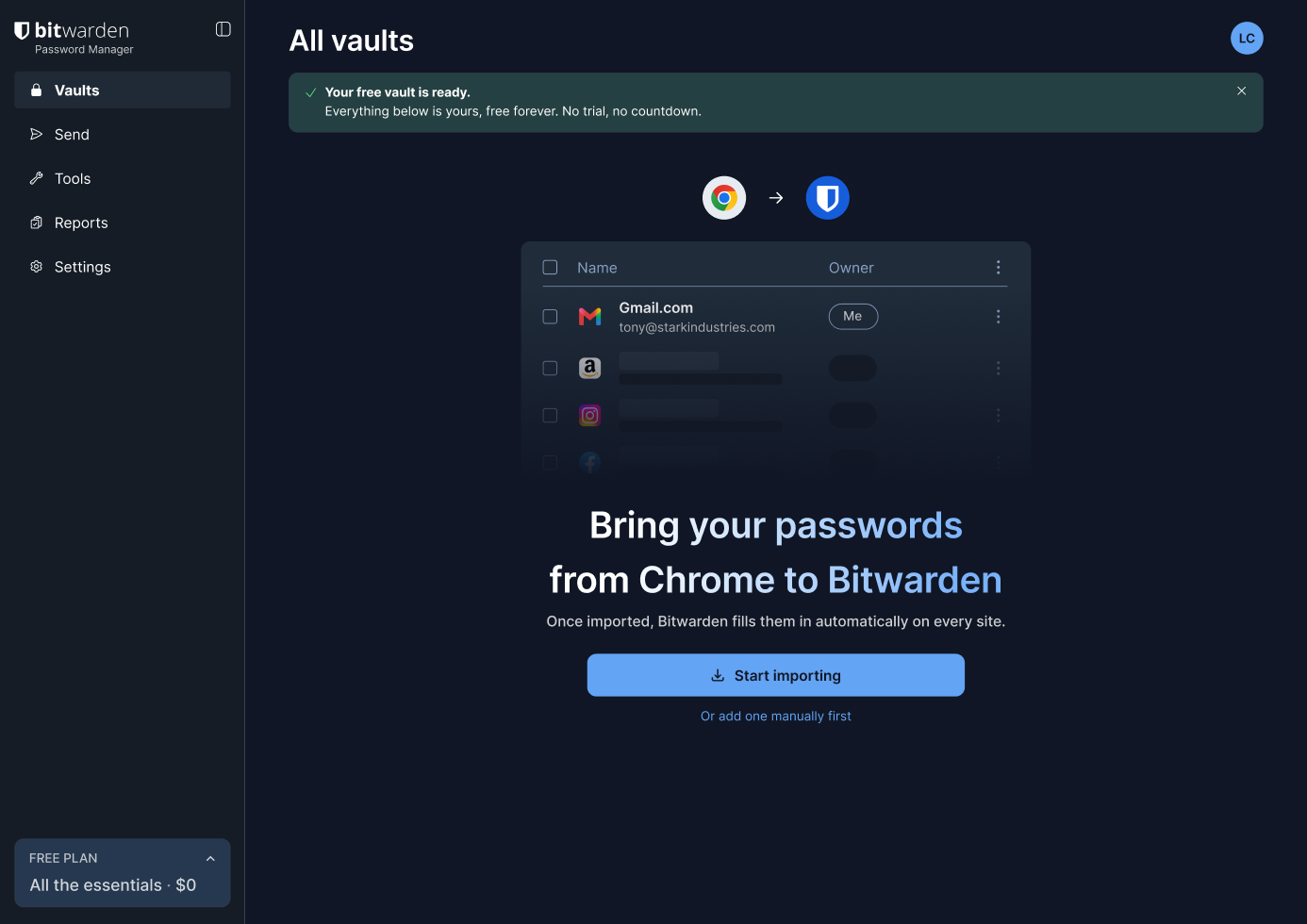 Import-first screen: Bitwarden opens Chrome's export page in a new tab, then switches to a drop zone waiting for the downloaded file