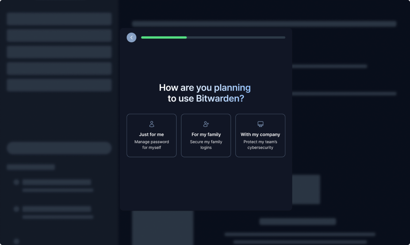 Redesigned onboarding opening screen: a single question asking how the user plans to use Bitwarden
