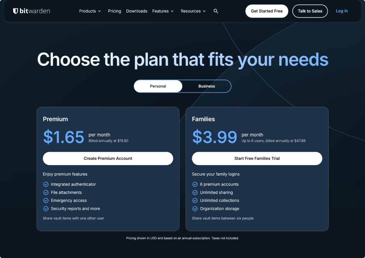 Bitwarden's current onboarding: a pricing page showing Premium and Families plans, with no visible free option