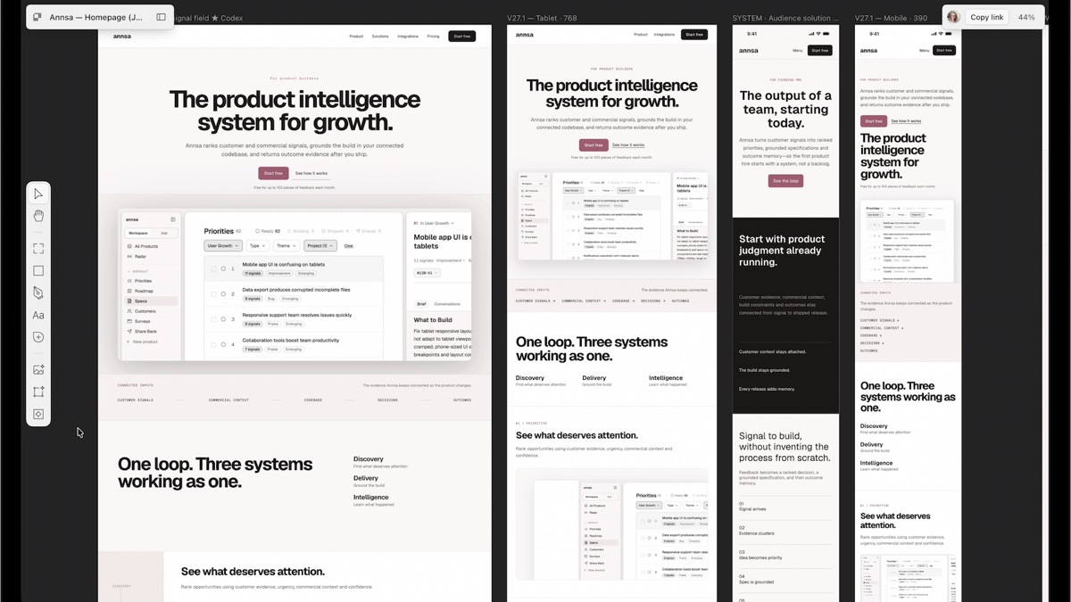 Annsa's marketing homepage rebuilt in Paper, shown across desktop, tablet, and mobile breakpoints from the same component system