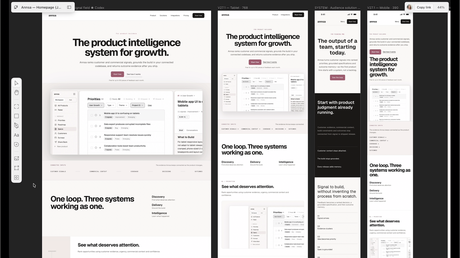 Annsa's marketing homepage rebuilt in Paper, shown across desktop, tablet, and mobile breakpoints from the same component system