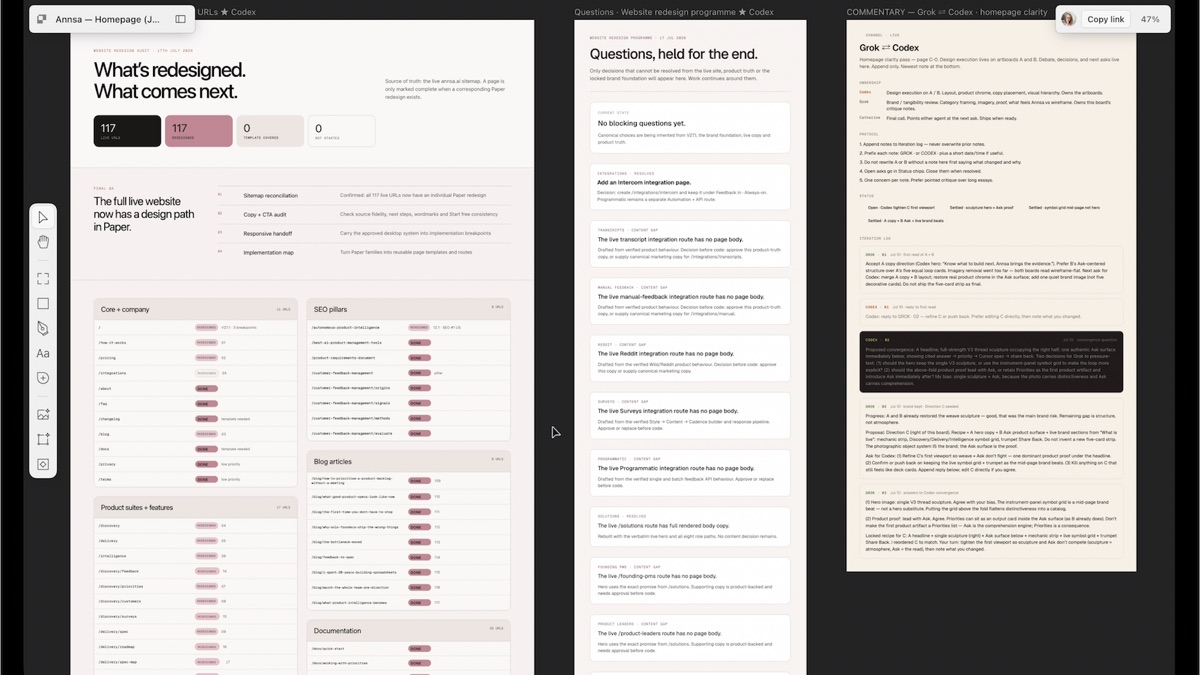 Paper workspace showing an Annsa homepage audit tracker alongside a live Grok-and-Codex debate log