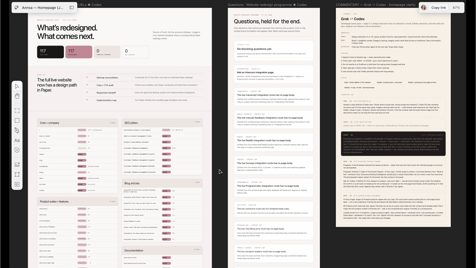 Paper workspace showing an Annsa homepage audit tracker alongside a live Grok-and-Codex debate log, with agents proposing and pressure-testing layout decisions in an append-only iteration log