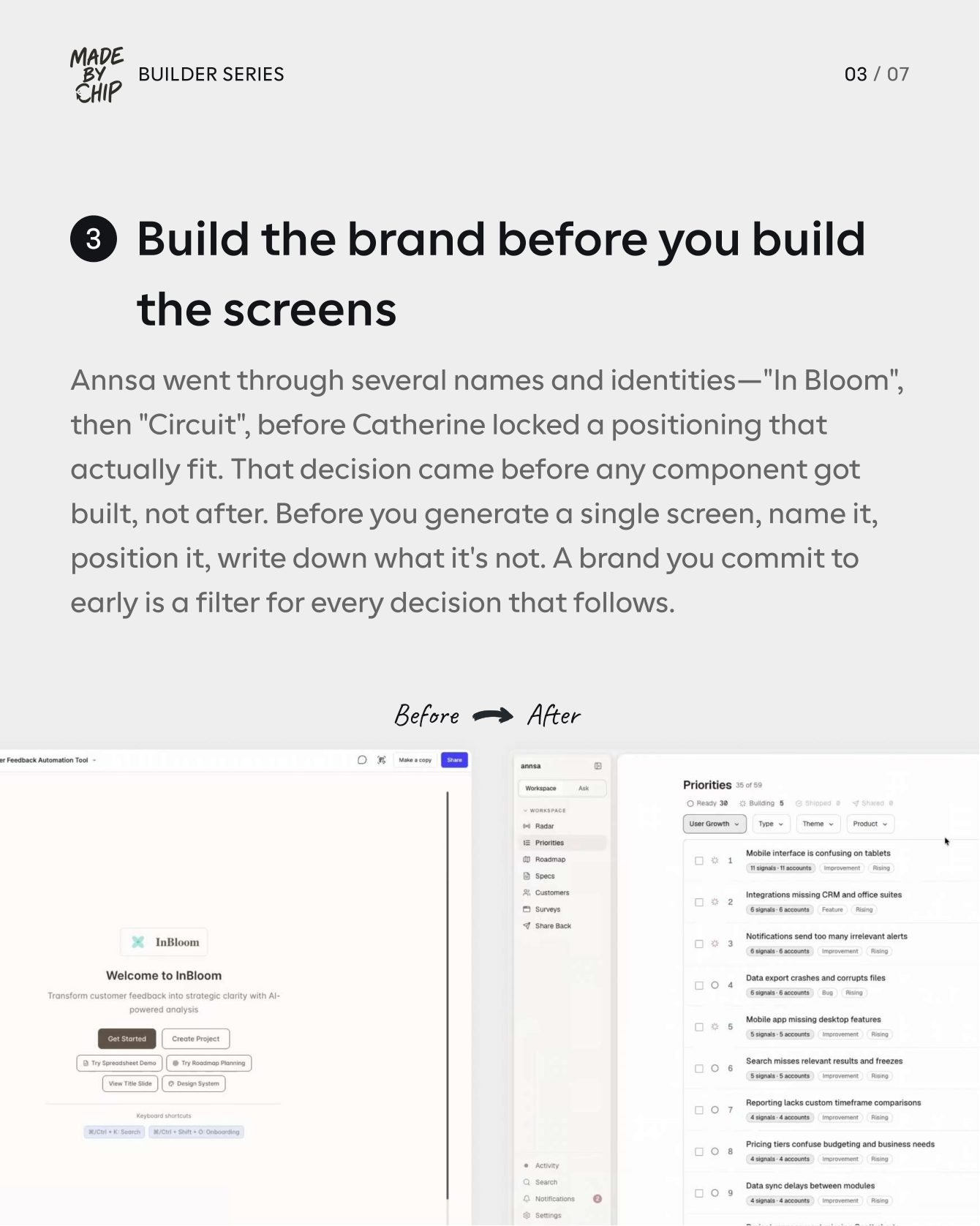 Carousel slide 3: Build the brand before you build the screens, showing Annsa's before-and-after redesign