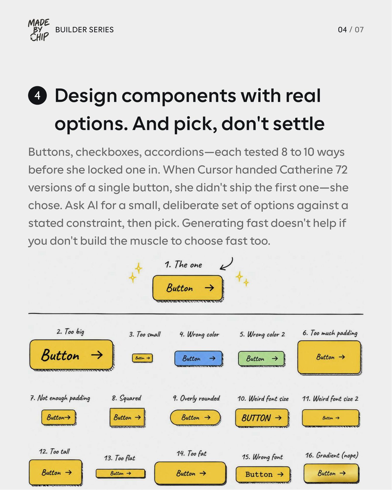 Carousel slide 4: Design components with real options and pick, don't settle — showing 16 button variations tested before landing on one