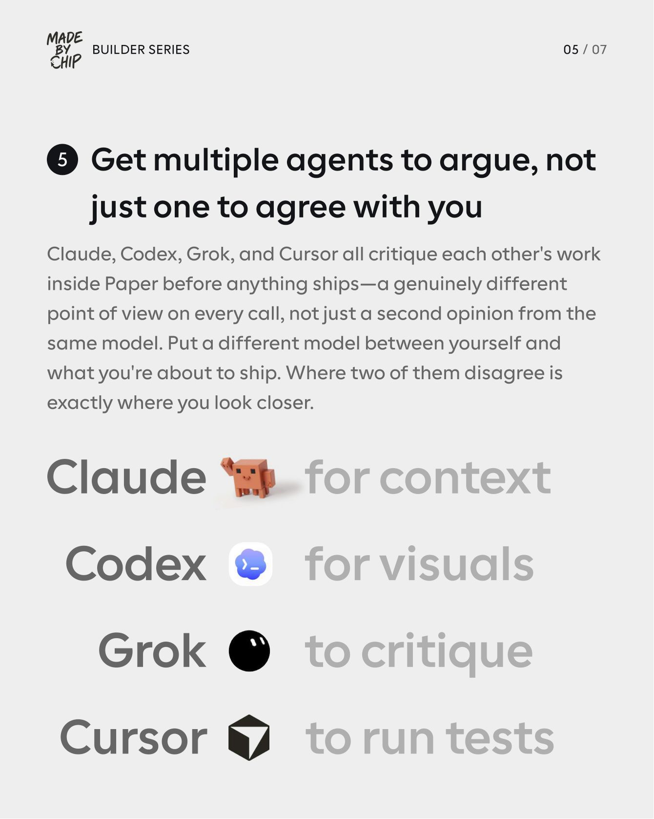 Carousel slide 5: Get multiple agents to argue, not just one to agree with you — Claude, Codex, Grok, and Cursor