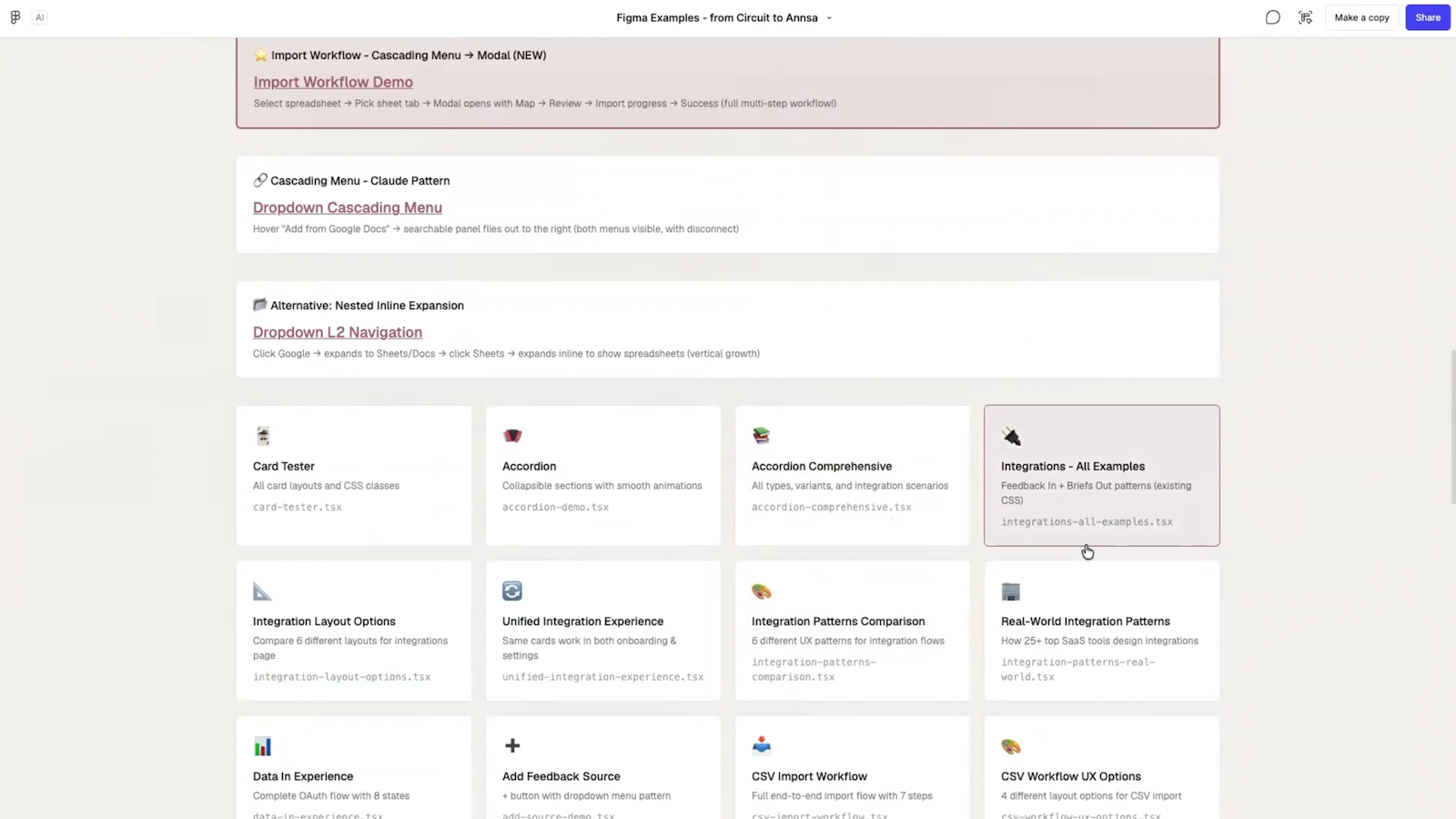 Grid of dozens of individually rebuilt Figma components — cards, accordions, integration patterns, CSV workflows — each tested as its own file