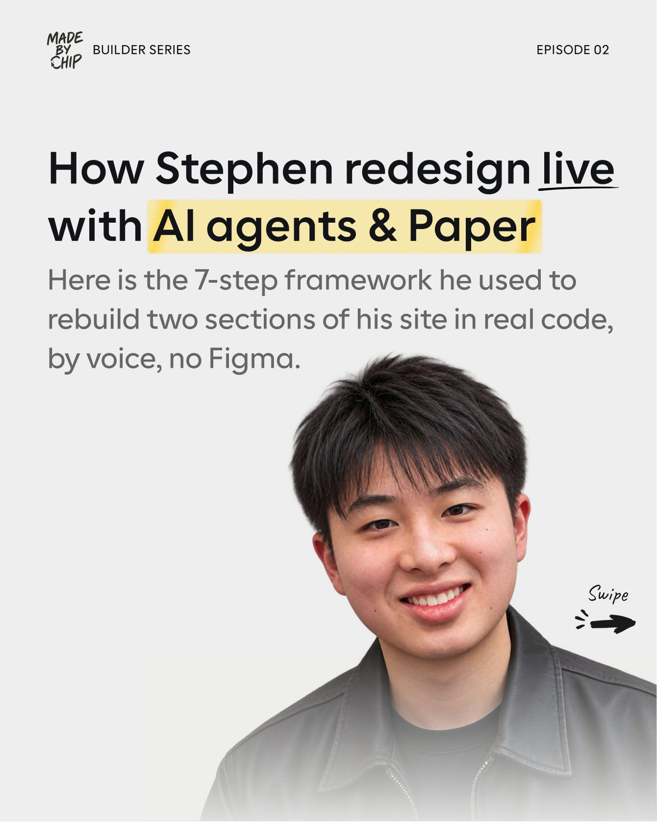 Carousel cover: How Stephen redesigns live with AI agents and Paper — the 7-step framework he used to rebuild two sections of his site in real code, by voice, no Figma