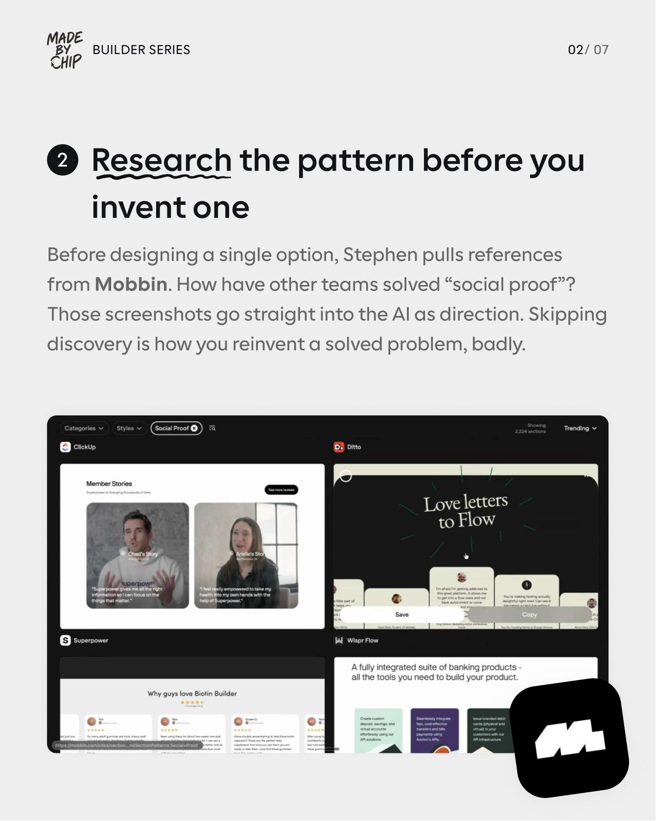 Carousel slide 2: Research the pattern before you invent one, pulling references from Mobbin