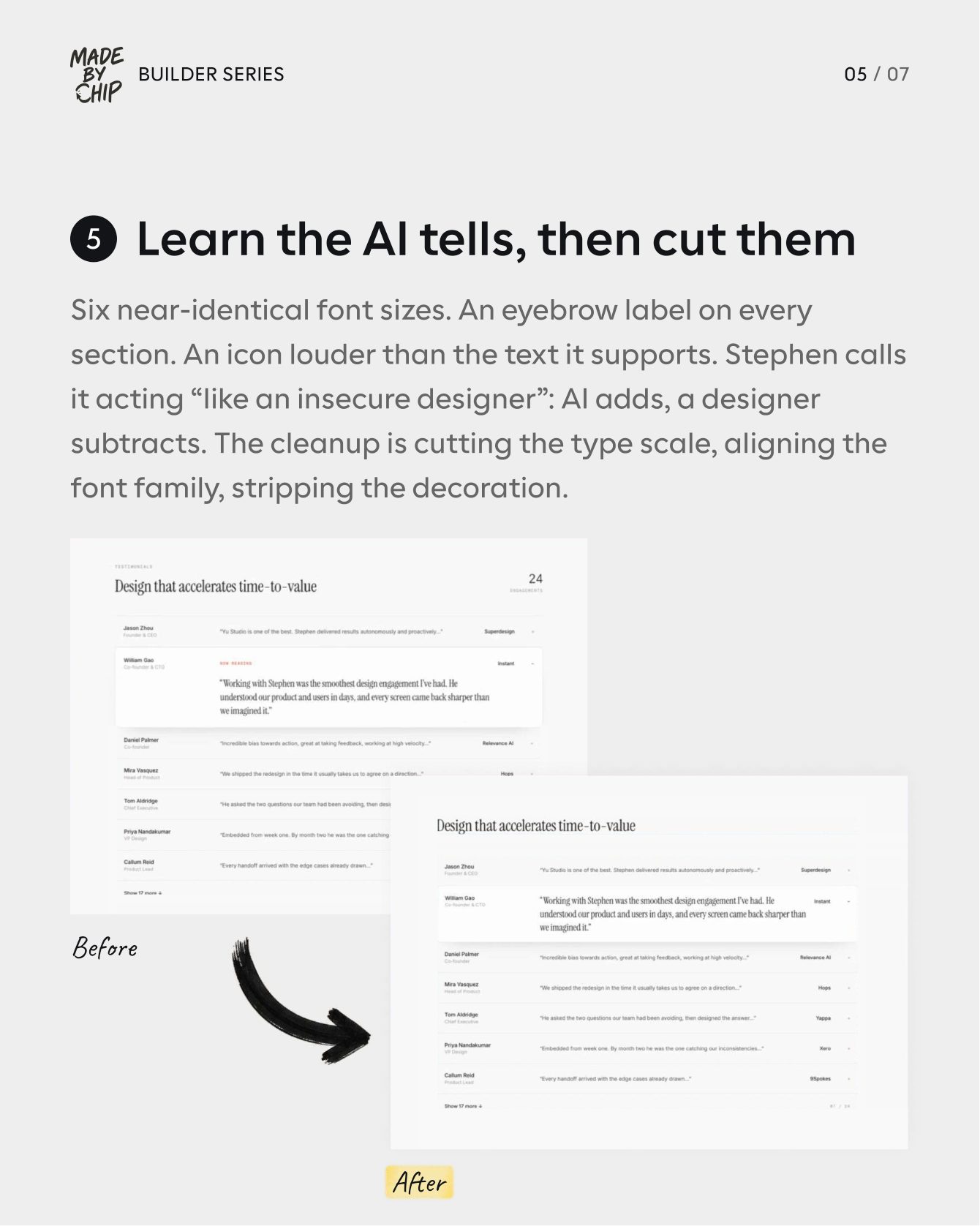 Carousel slide 5: Learn the AI tells, then cut them — before and after removing eyebrow labels and near-identical font sizes