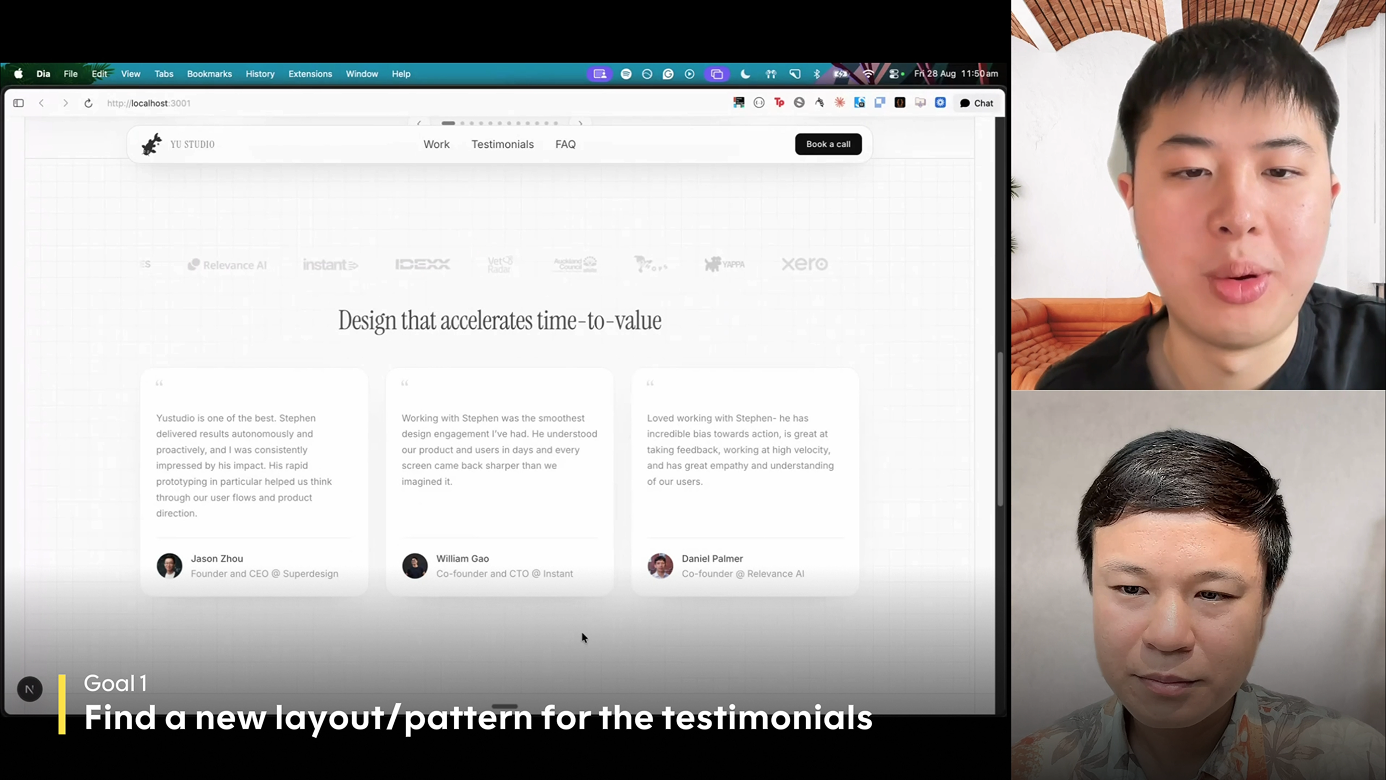 Stephen's current Yu Studio website showing the three-card testimonial layout he plans to replace, with a 'Goal 1: Find a new layout/pattern for the testimonials' caption overlay