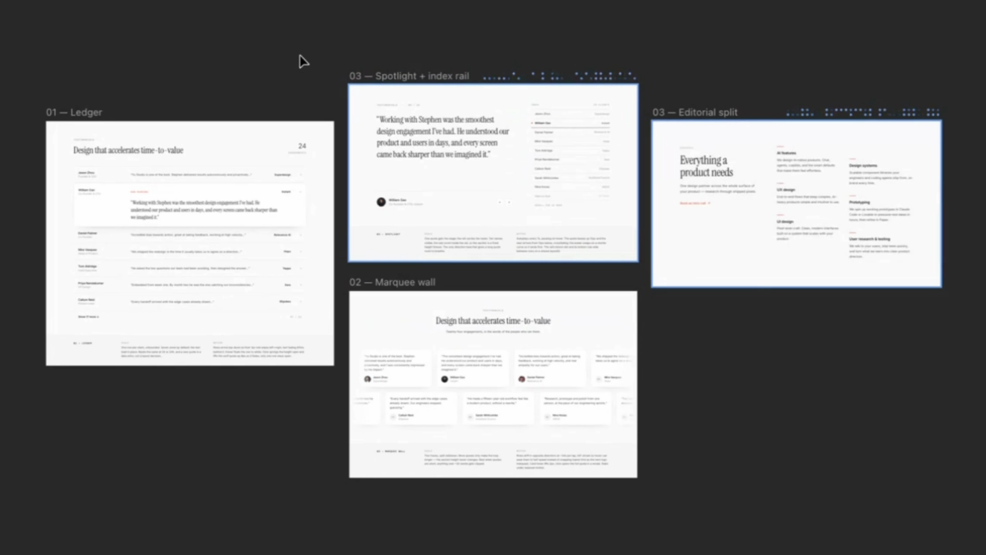 Paper canvas showing several named testimonial layout explorations side by side — Ledger, Spotlight plus index rail, Editorial split, and Marquee wall