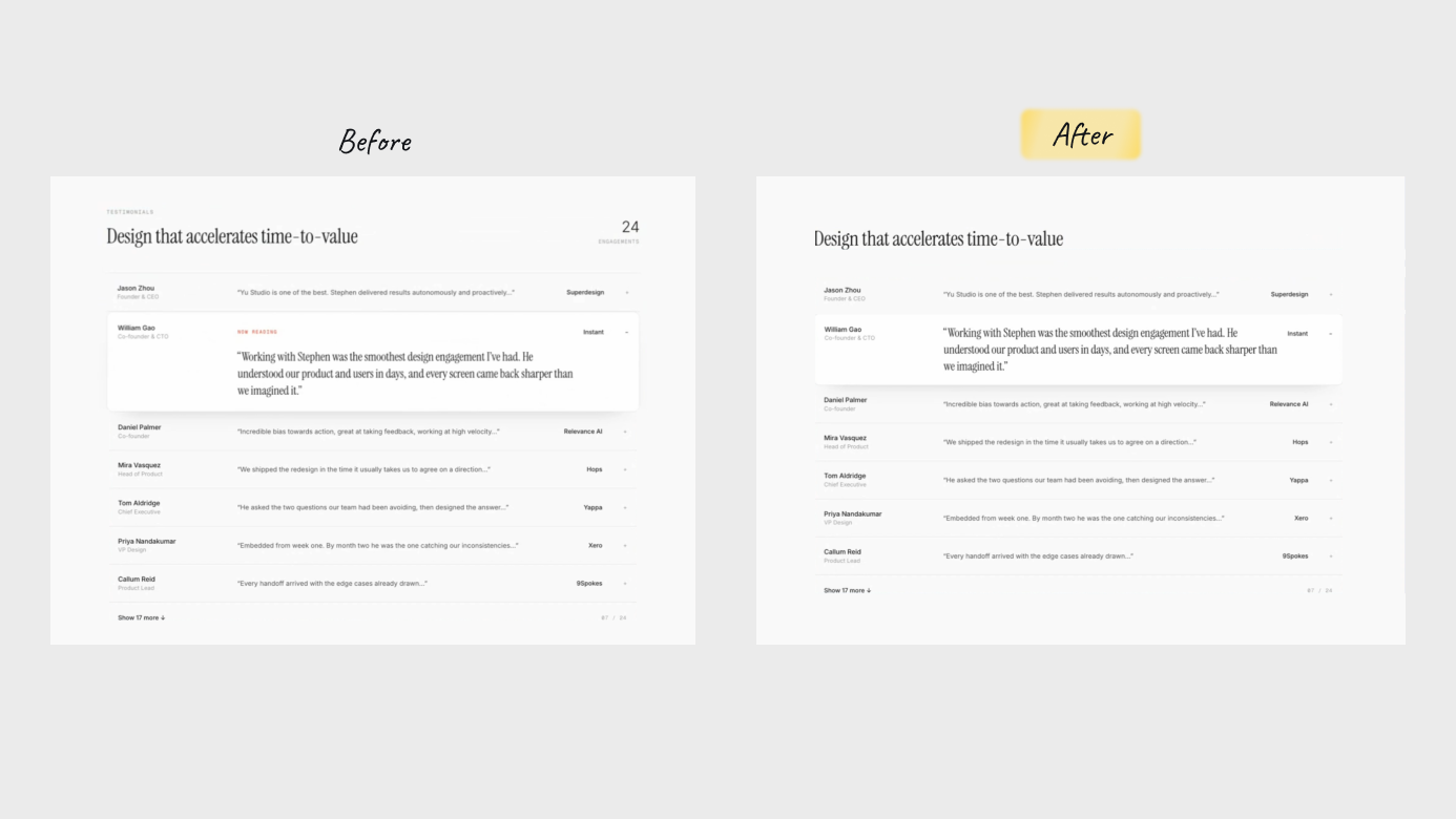 Before and after comparison of the testimonial section — the raw AI-generated layout on the left with inconsistent spacing, and Stephen's cleaned-up version on the right