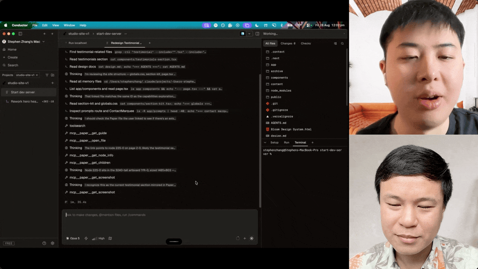 Conductor's interface showing Claude Code reading testimonial-related files and calling Paper MCP tools like get_node_info and get_screenshot, with Stephen speaking a prompt on camera