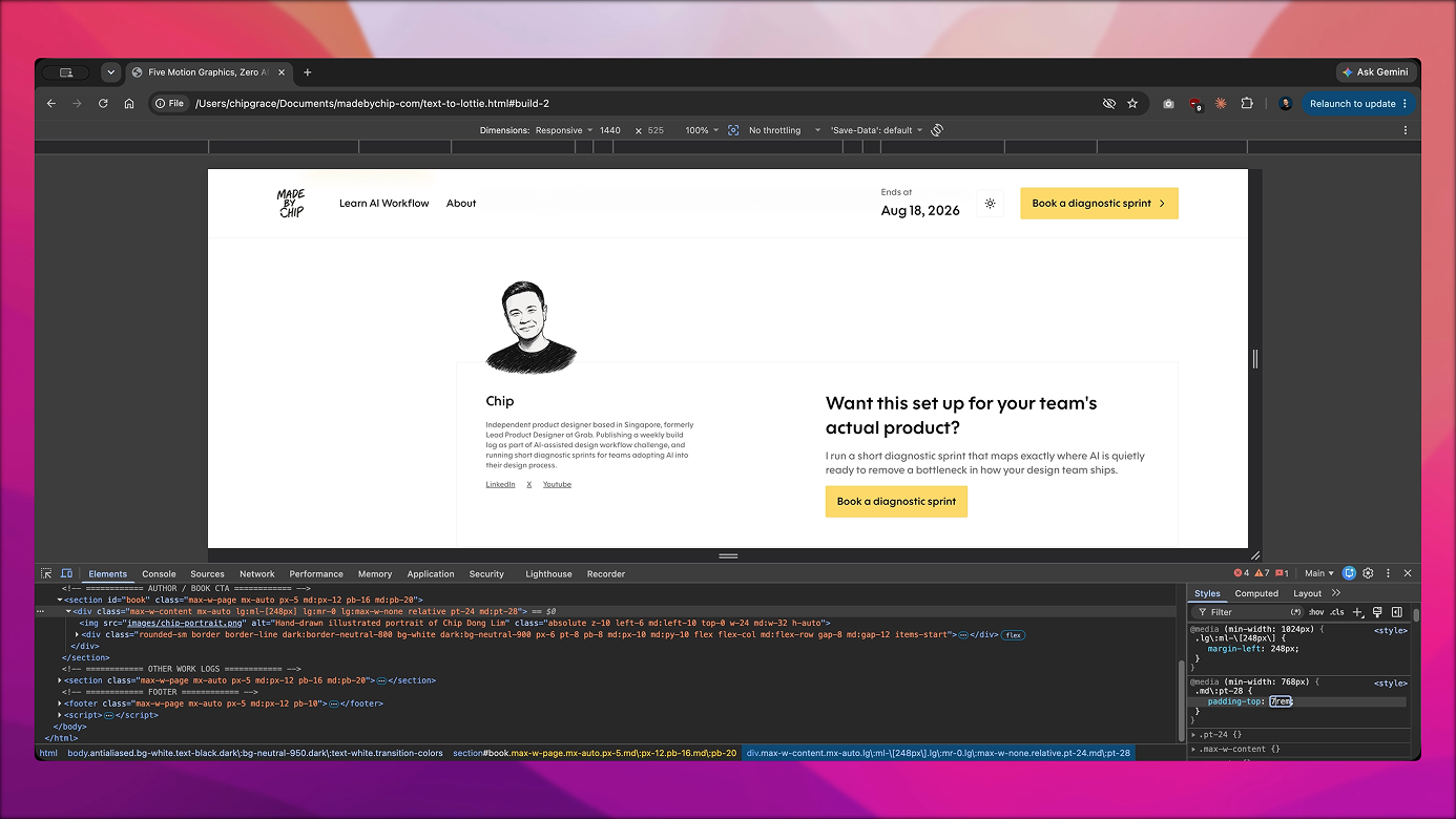 Browser DevTools open on the 'Want this set up for your team's actual product?' card, inspecting the padding-top value that positions the portrait correctly above the 'Chip' heading