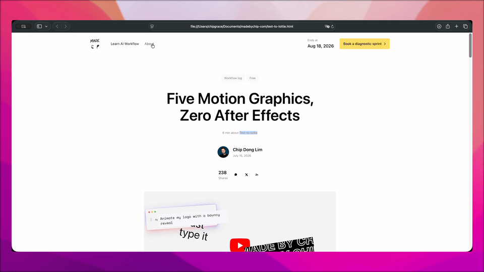 Generated page in browser showing navigation with working hover opacity and copy button displaying a check icon after being clicked