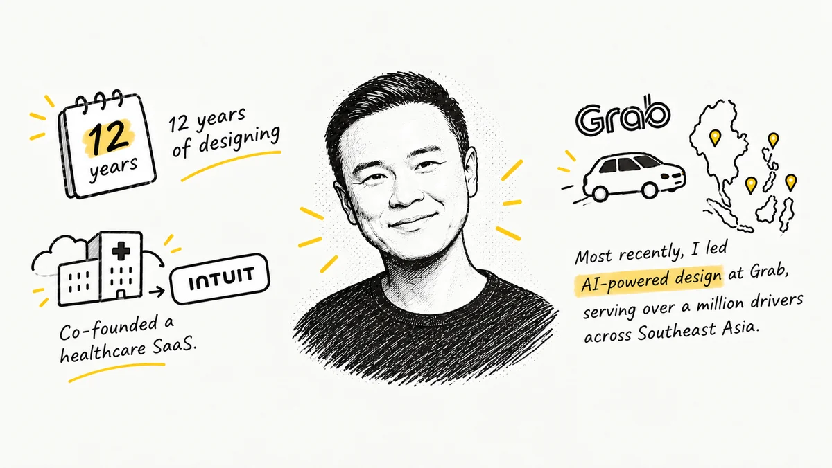 Sketched portrait of Chip with notes: 12 years of designing, a healthcare SaaS sold to Intuit, and AI-powered design at Grab