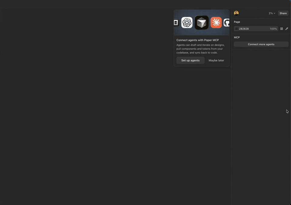 Paper Desktop with the Connect agents with Paper MCP card open in the top right, then a click on Set up agents