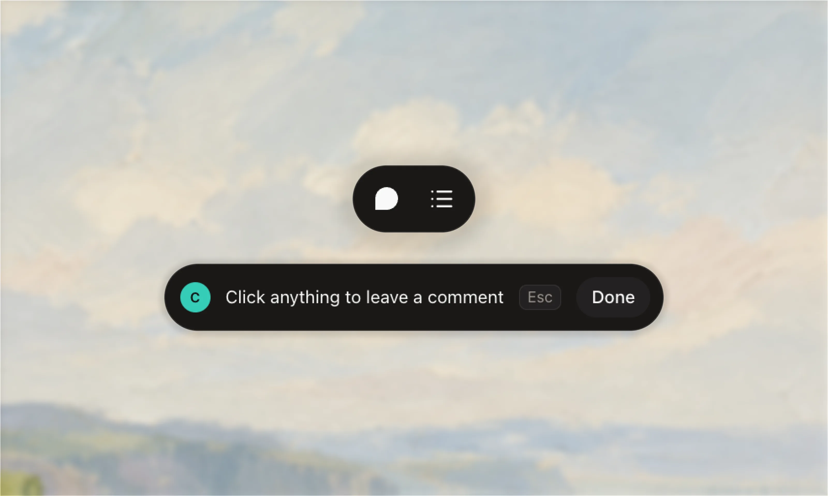 The comment dock at rest, and in commenting mode: click anything to leave a comment