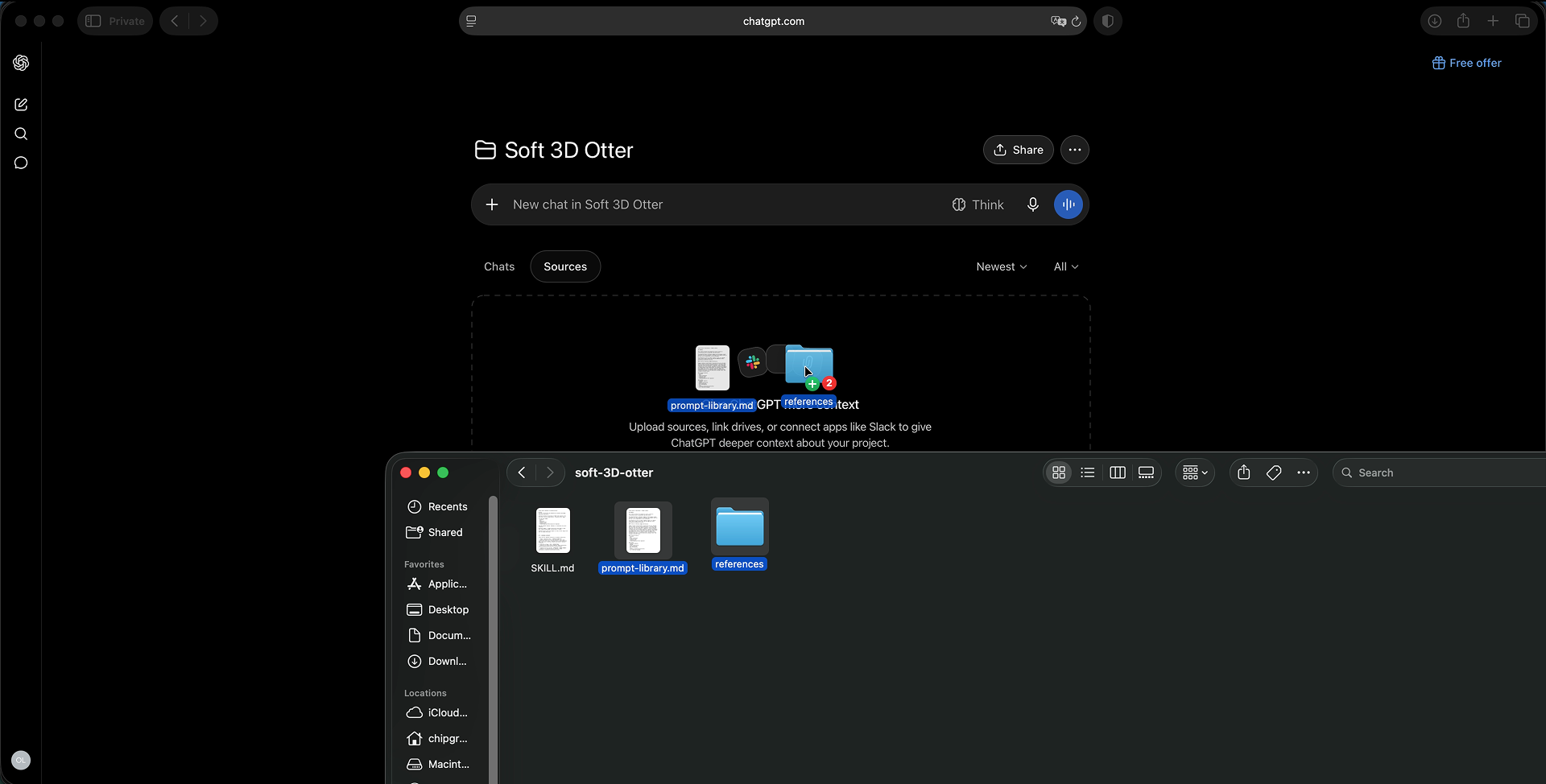 Dragging prompt-library.md and the references folder into the Soft 3D Otter ChatGPT Project's Sources tab