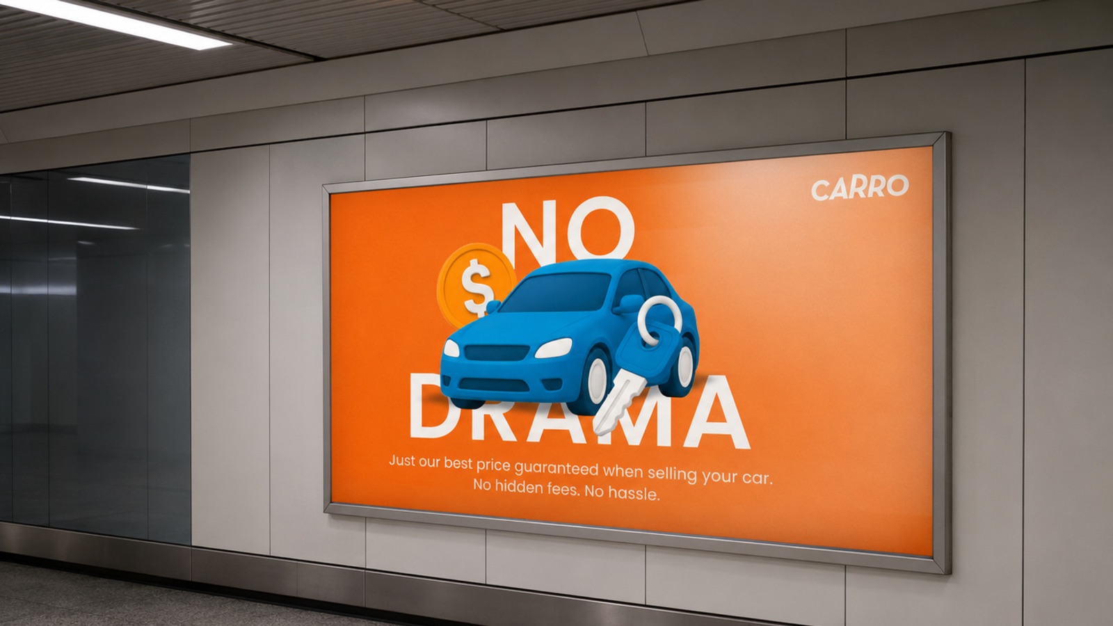 Carro out-of-home billboard ad featuring a claymorphism-style car, key, and coin icon on the brand's orange background