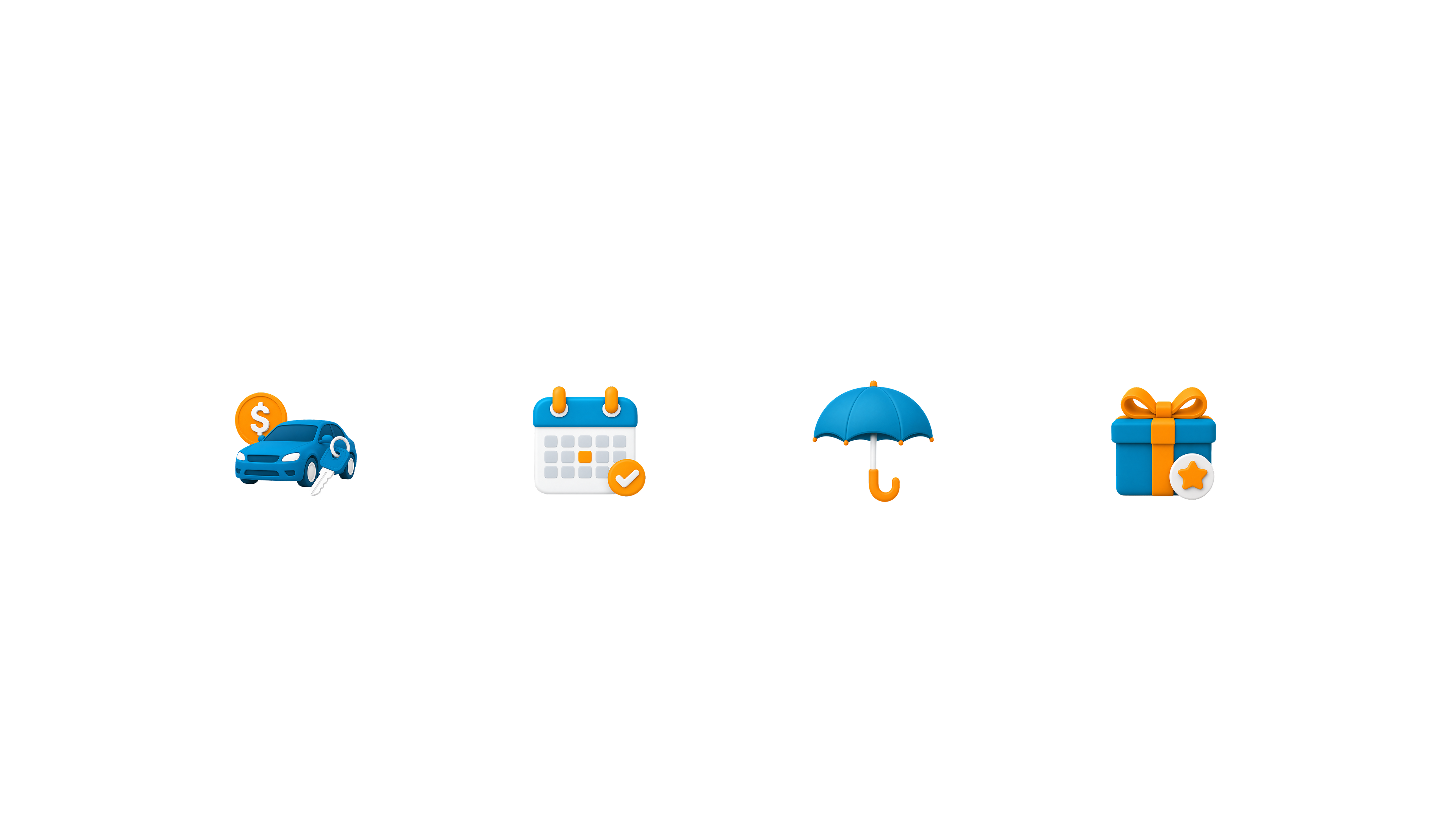 Reference set of four claymorphism icons in Carro's blue and orange brand colors: a car with key and coin, a calendar, an umbrella, and a gift box
