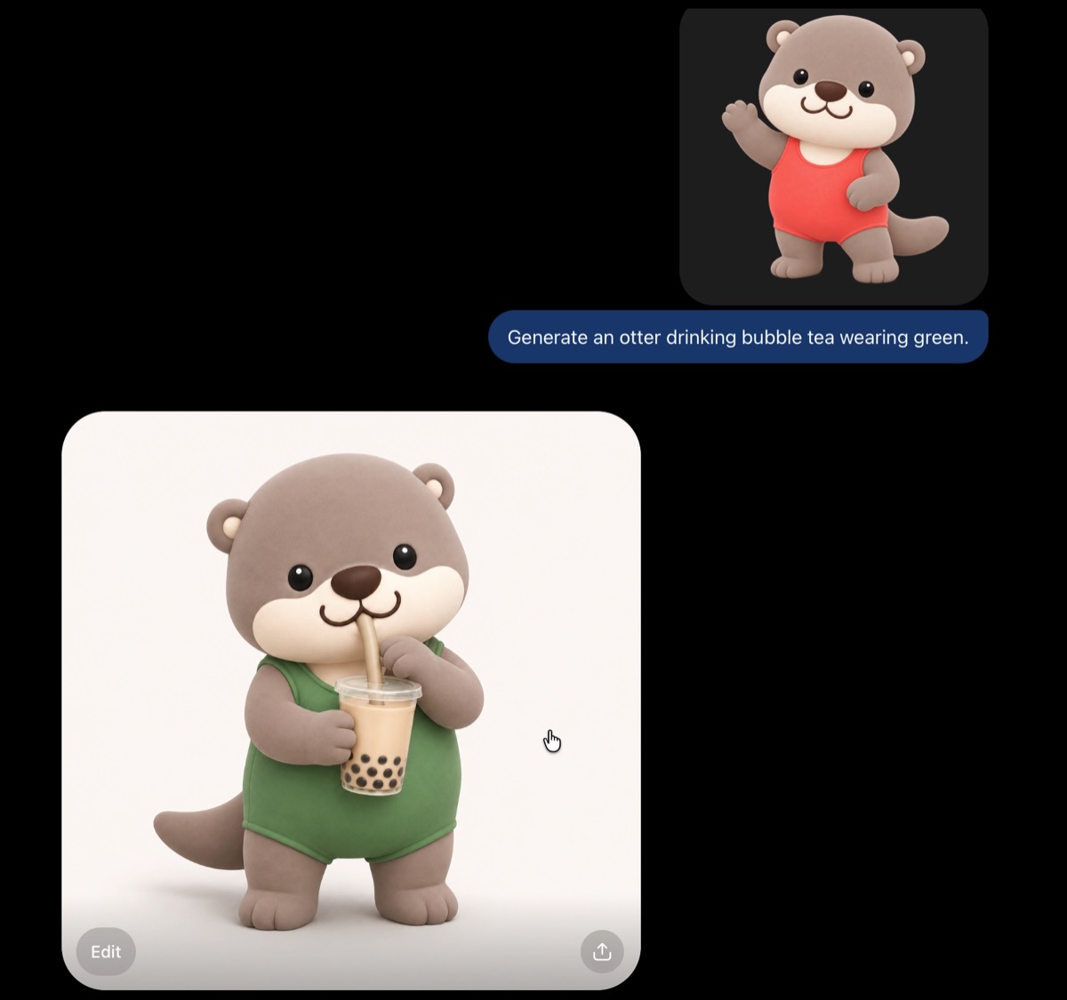 The same otter character drinking bubble tea, wearing a green outfit