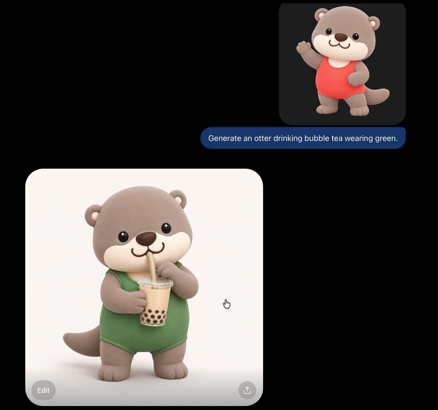 The same otter character drinking bubble tea, wearing a green outfit