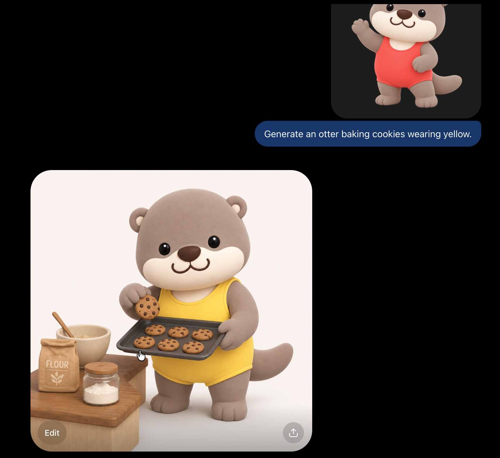 The same otter character baking cookies, wearing a yellow outfit