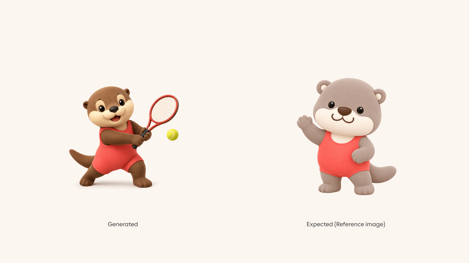Side-by-side comparison of a generated otter playing tennis next to the expected reference otter, showing mismatched face and proportions