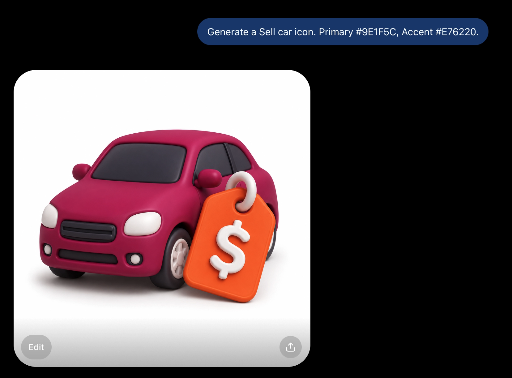 ChatGPT generating a maroon and orange sell-car icon from the prompt 'Generate a Sell car icon. Primary #9E1F5C, Accent #E76220', showing the exact hex codes applied