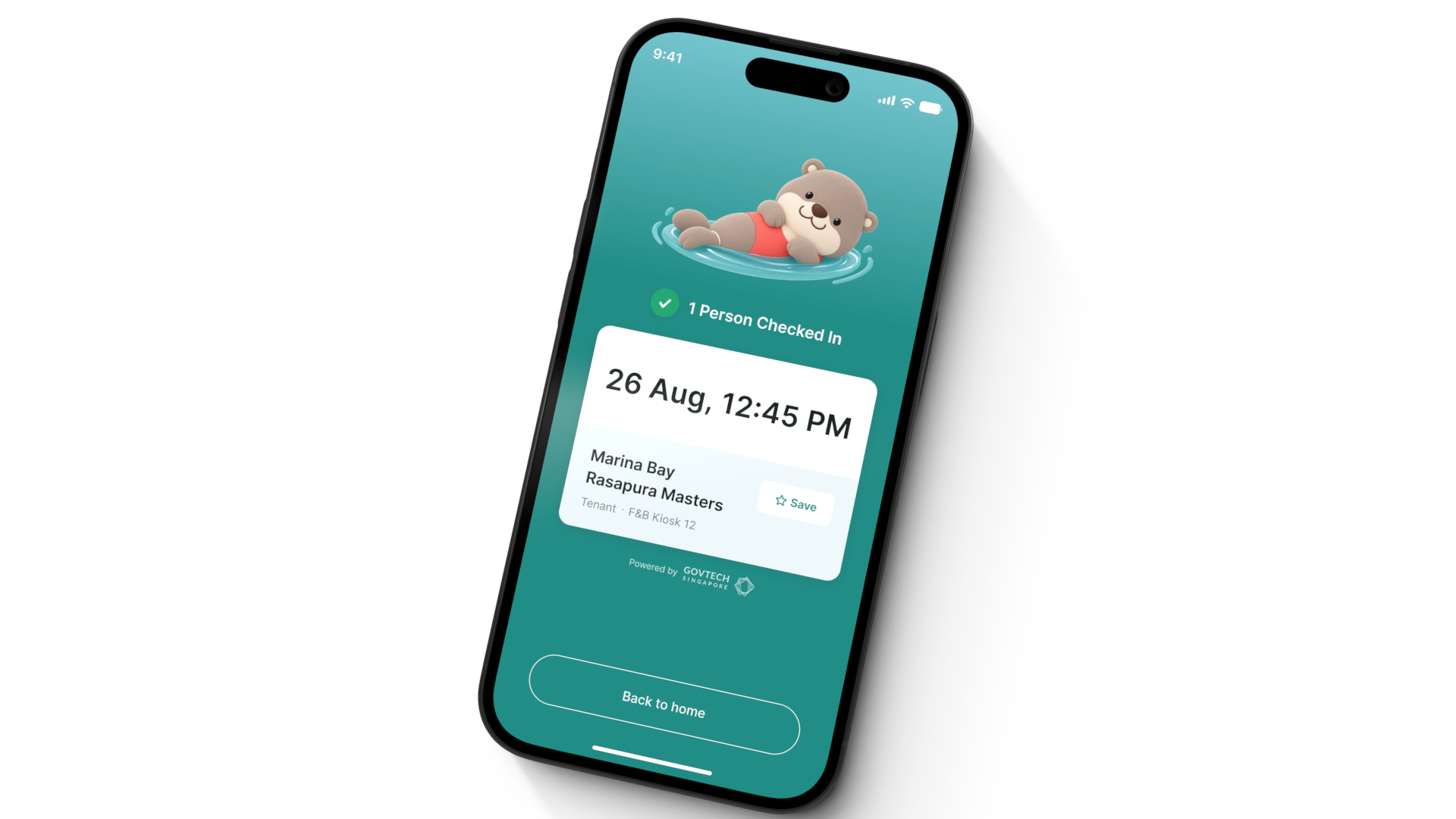 TraceTogether app screenshot showing the original swimming otter mascot design on a check-in confirmation screen