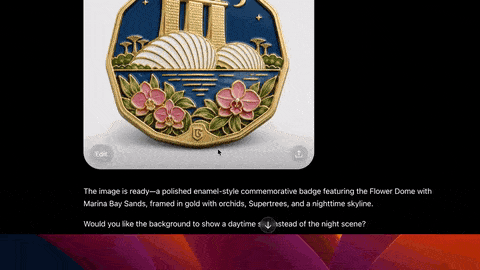 ChatGPT generating a badge with a randomly invented logo instead of the uploaded one, showing why the Sources tab is unreliable for image references