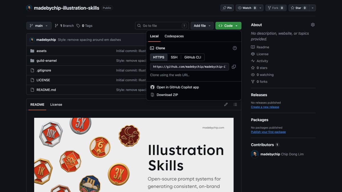 GitHub repo for madebychip-illustration-skills showing the three files: instructions, prompt library, and reference images