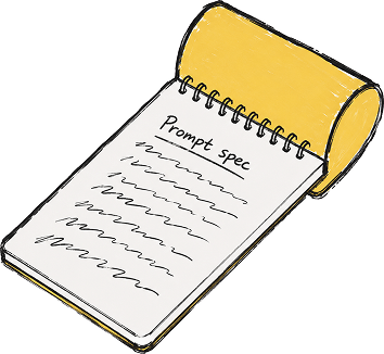 Illustration of a spiral-bound notepad labeled "Prompt spec" with handwritten notes and a pen resting beside it
