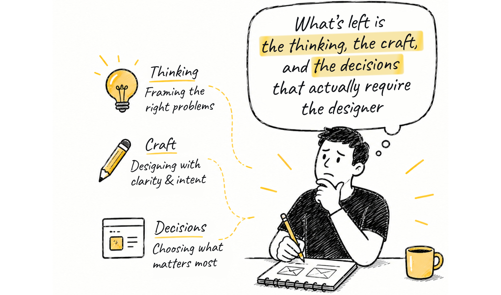 Illustration of Chip at a desk with a thought bubble: what's left is the thinking, the craft, and the decisions that actually require the designer — framing the right problems, designing with clarity and intent, choosing what matters most