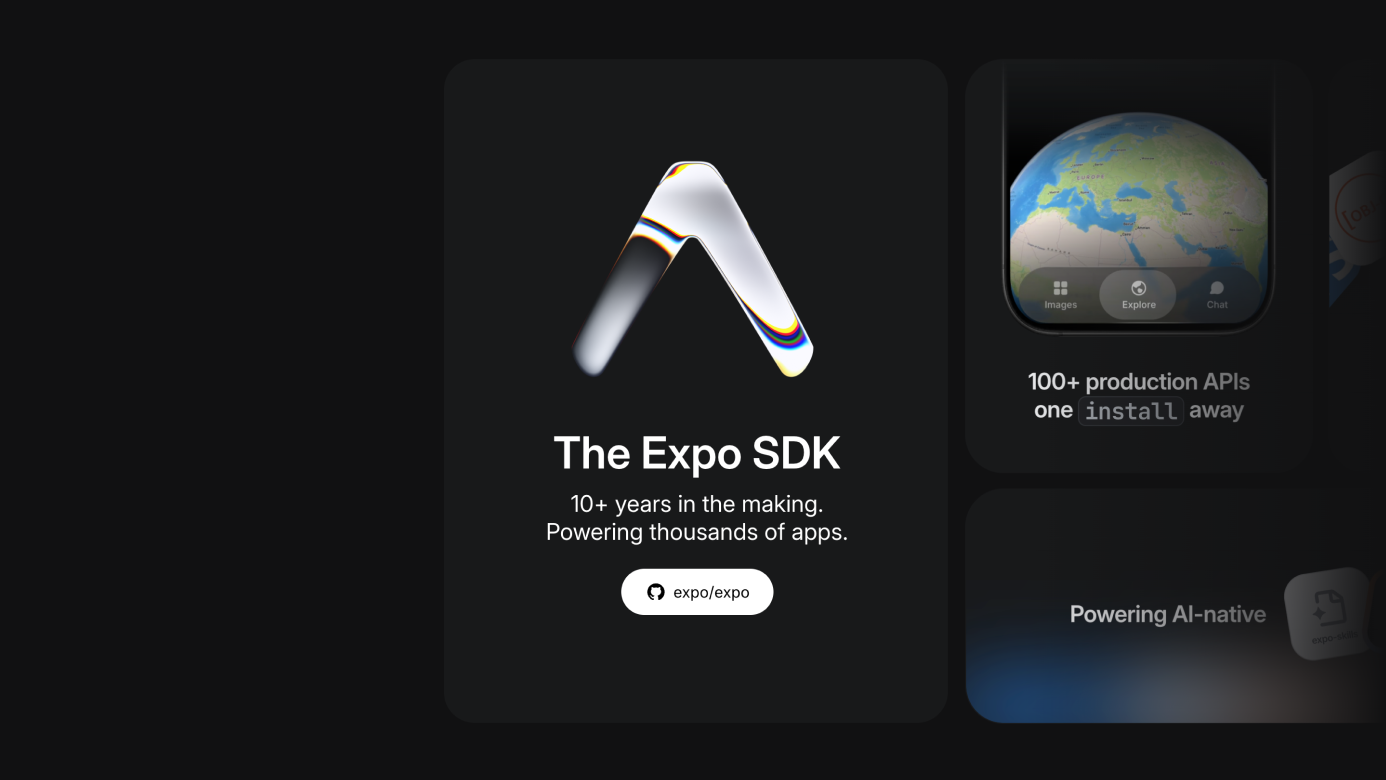 Animated Expo SDK logo built with the Liquid Metal shader, showing the two-tone fill and mark rendered inside a bento-grid card