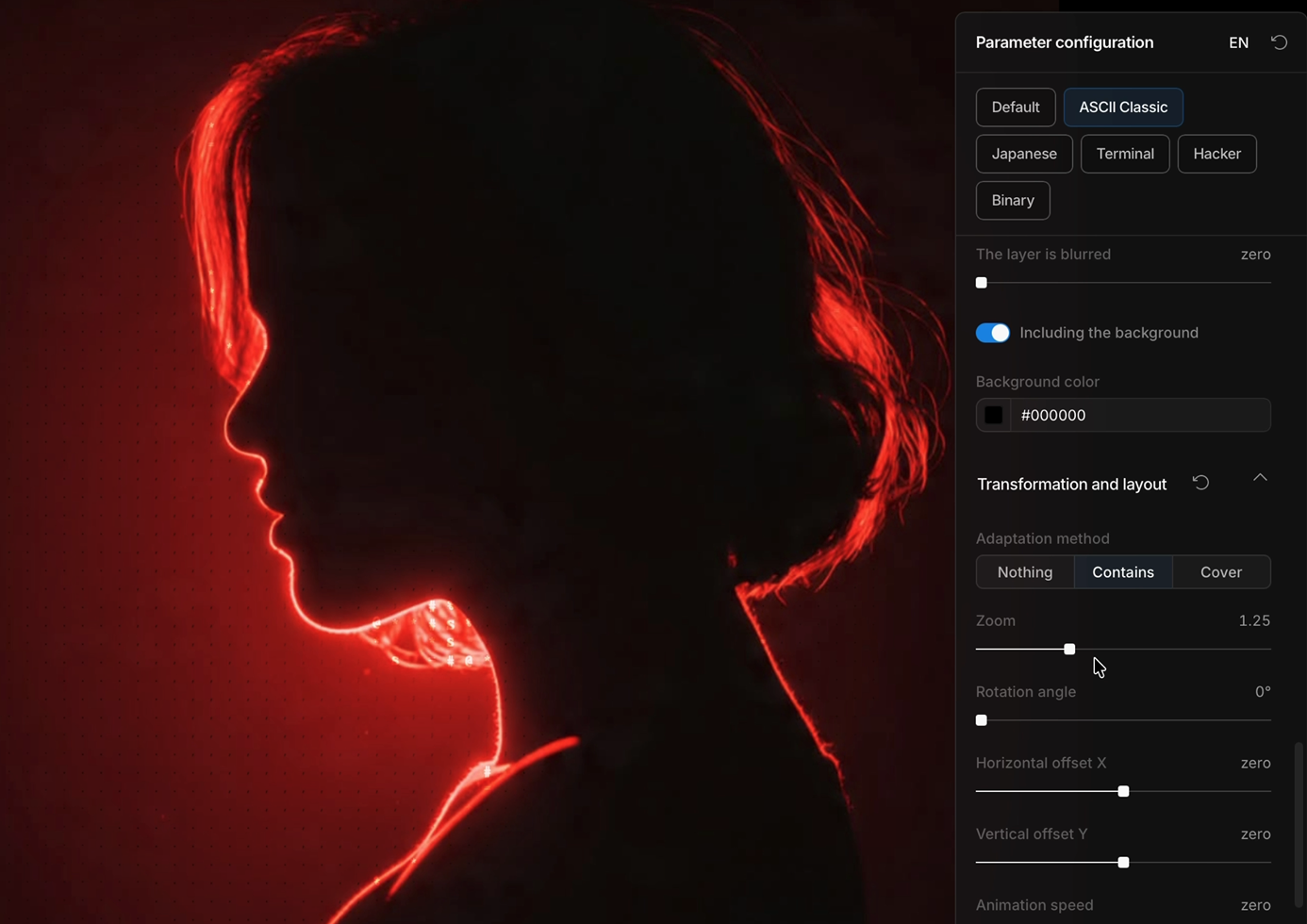 Community shader preview tool showing the same hero photo rendered with the ASCII Art effect, with density, exposure, scatter, and fuzziness controls in the side panel