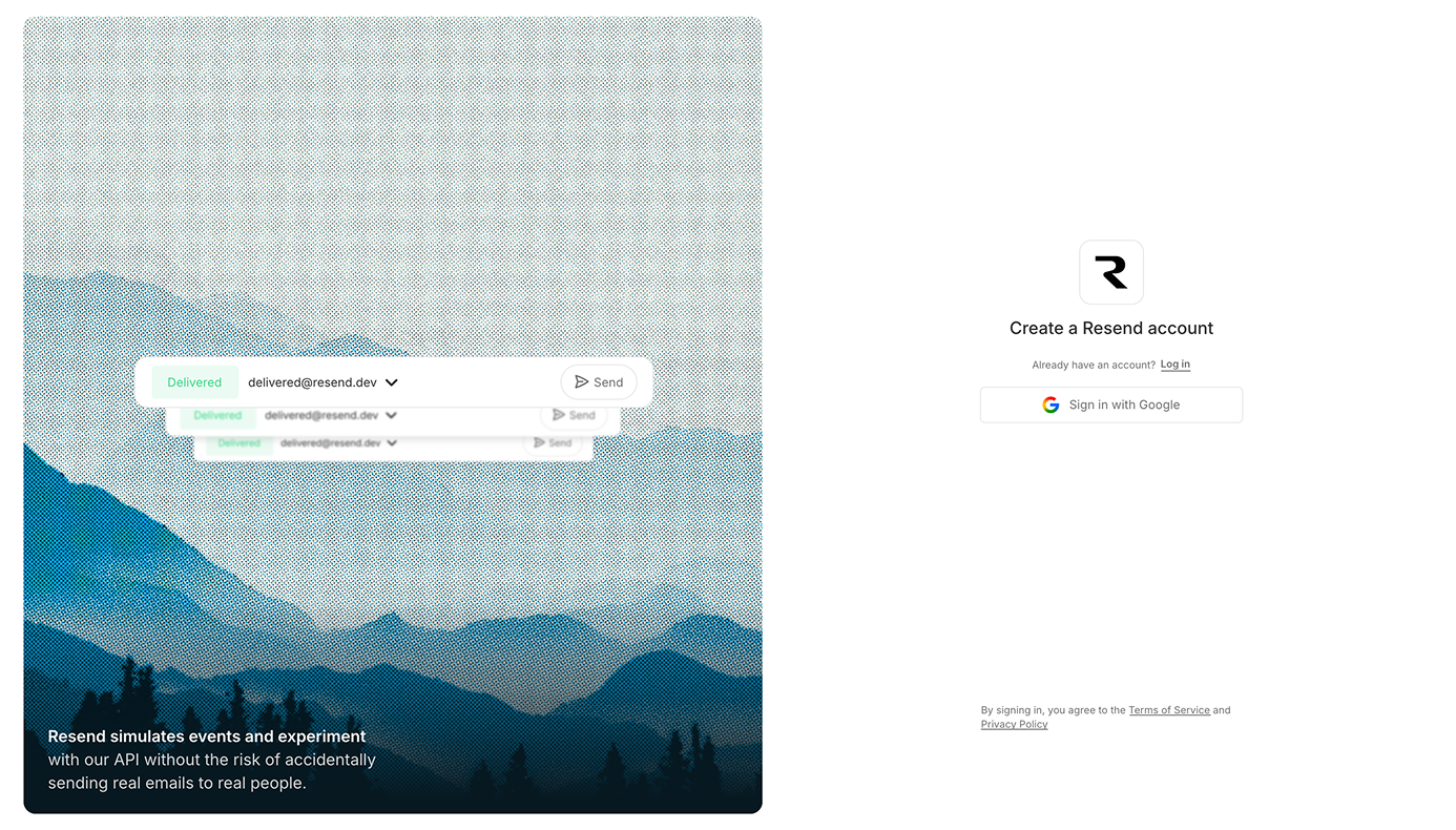 Sign-up page background using the Halftone CMYK shader over a mist-covered mountain photo, with a bottom gradient overlay keeping the form legible