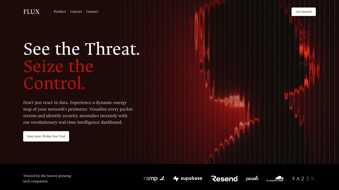 Hero section background using the Fluted Glass shader over a cinematic silhouette photo, with vertical line distortion and a left-to-right gradient overlay for text legibility