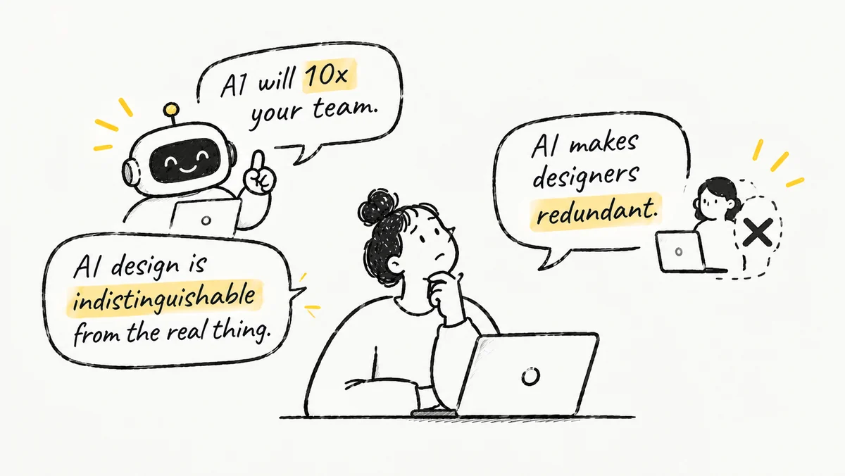 A designer at a laptop, unconvinced by speech bubbles saying AI will 10x your team, make designers redundant and be indistinguishable from the real thing