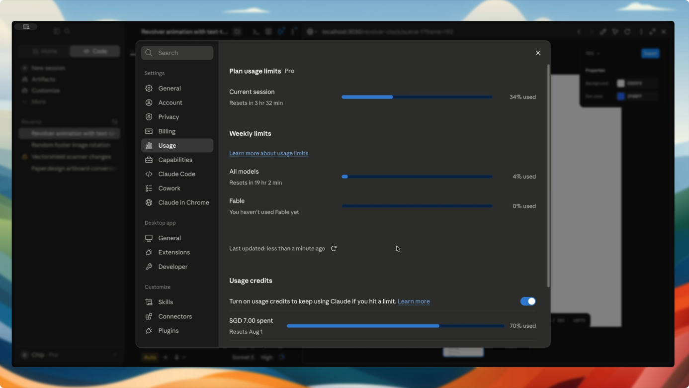 Claude Code session usage limit dialog appearing mid-build while working on the Revolver Clock animation