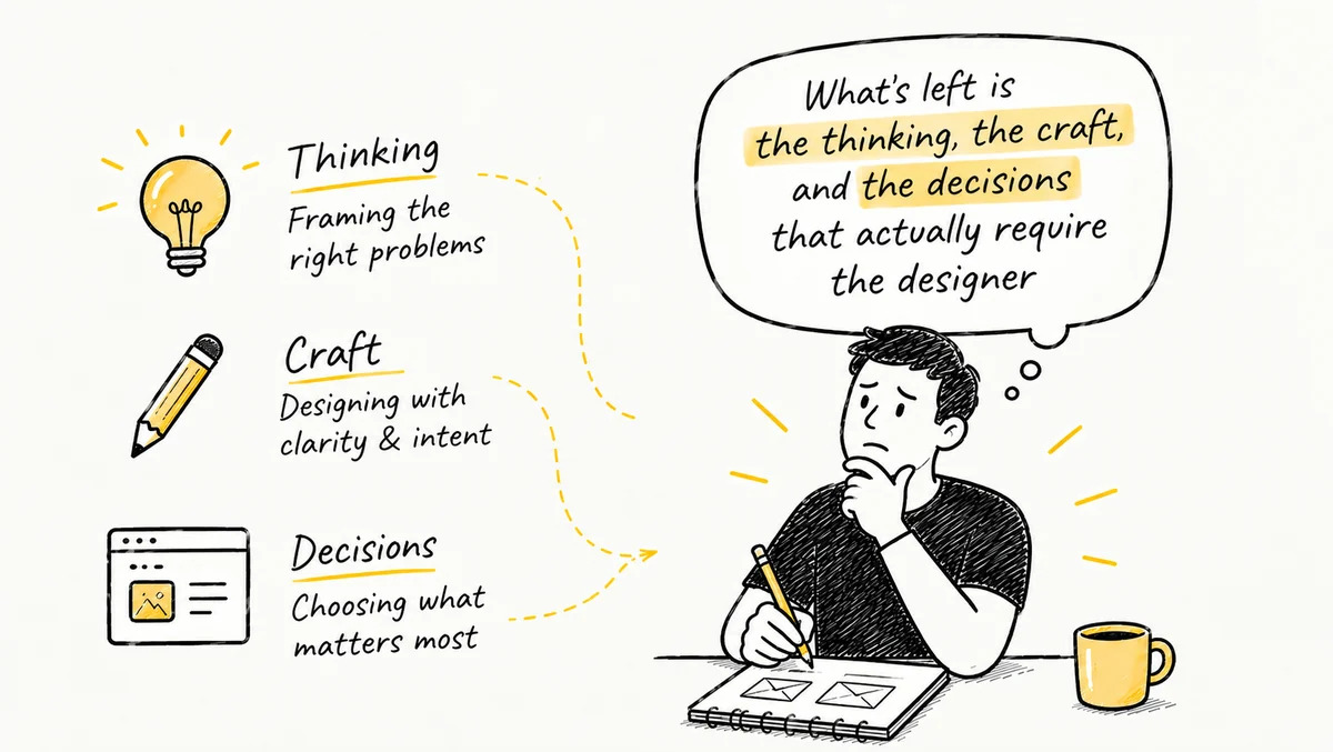 A designer sketching at a desk, with thinking, craft and decisions listed as the parts that need a designer