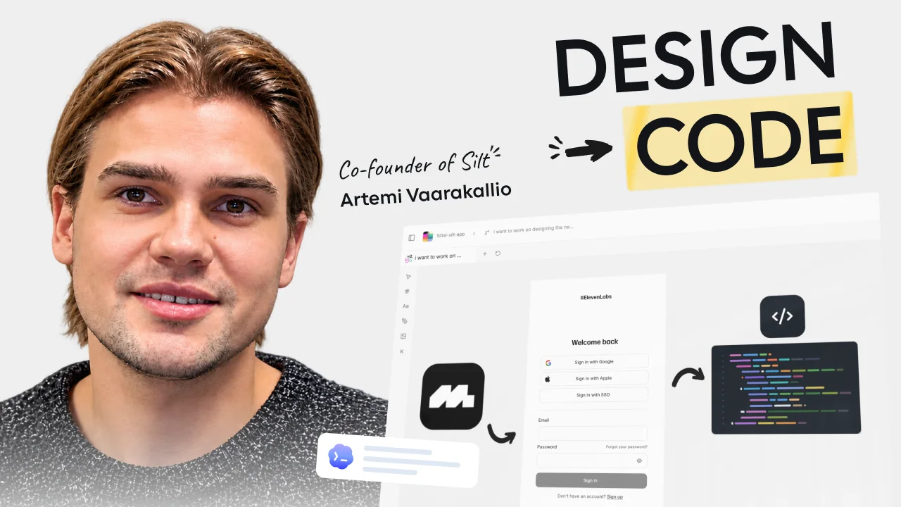 Artemi Vaarakallio, co-founder of Silt, beside the words Design Code and a Silt app screen turning into code