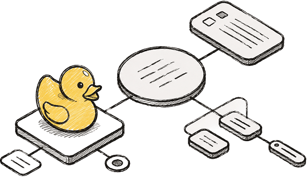 Illustration of a rubber duck connected to note cards and shapes, representing a mapped-out design workflow